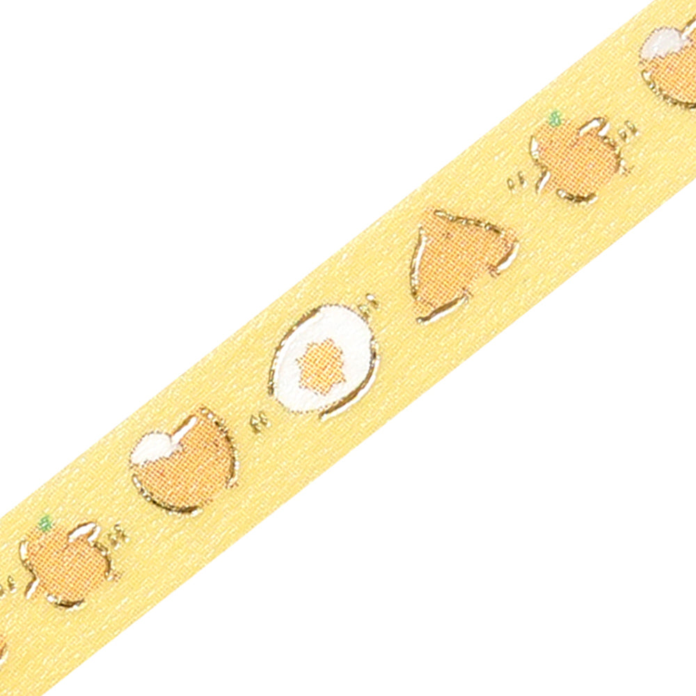 A slim roll of washi tape featuring a repeating design of playful yellow chicks running, accented with metallic foil highlights—perfect for planners, journaling, and decorative crafts.