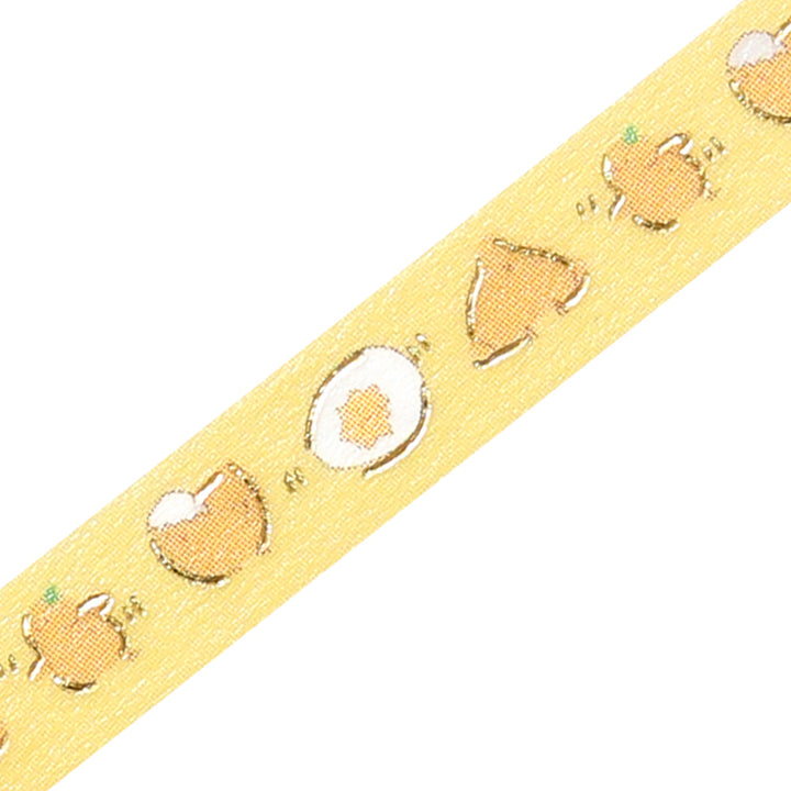 A slim roll of washi tape featuring a repeating design of playful yellow chicks running, accented with metallic foil highlights—perfect for planners, journaling, and decorative crafts.