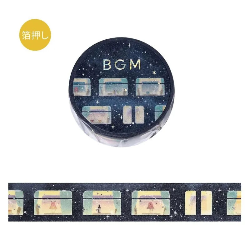 BGM Foil Stamping Masking Tape – Life: Sleeper Train in the Stars design with a magical night train and shimmering stars on 15mm washi tape roll.