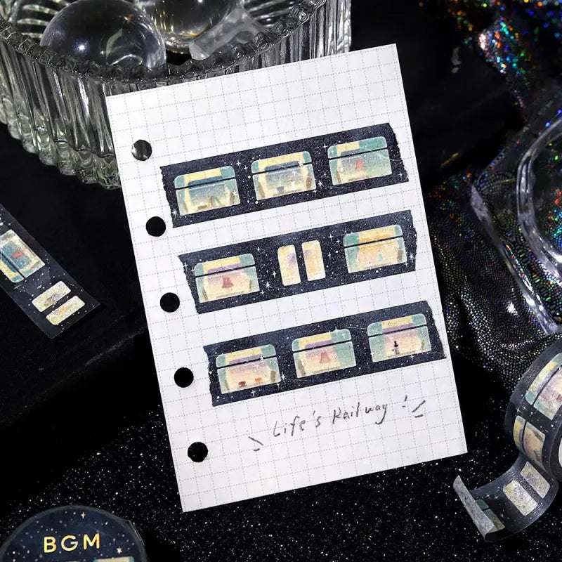 BGM Foil Stamping Masking Tape – Life: Sleeper Train in the Stars design with a magical night train and shimmering stars on 15mm washi tape roll.