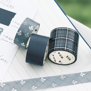 Washi tape set in blue plaid and stripe patterns with foil stamping details.