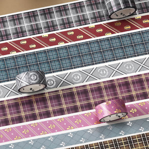 Washi tape set in blue plaid and stripe patterns with foil stamping details.