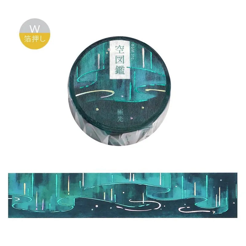 BGM Foil Stamping Masking Tape – Sky Encyclopedia: Aurora design with green and teal gradients, shimmering foil light trails, and starry details on a 20mm washi tape roll.