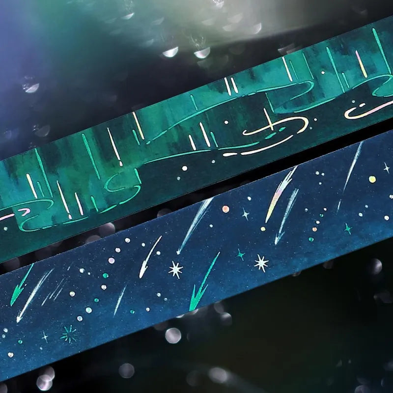 BGM Foil Stamping Masking Tape – Sky Encyclopedia: Aurora design with green and teal gradients, shimmering foil light trails, and starry details on a 20mm washi tape roll.