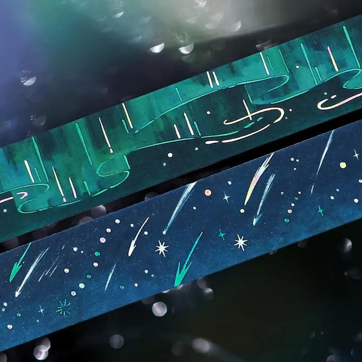 BGM Foil Stamping Masking Tape – Sky Encyclopedia: Aurora design with green and teal gradients, shimmering foil light trails, and starry details on a 20mm washi tape roll.