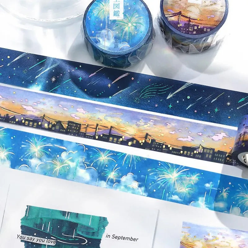 BGM Foil Stamping Masking Tape – Sky Encyclopedia: Light Dew design with misty sky gradients and foil constellation accents on 20mm washi tape roll.