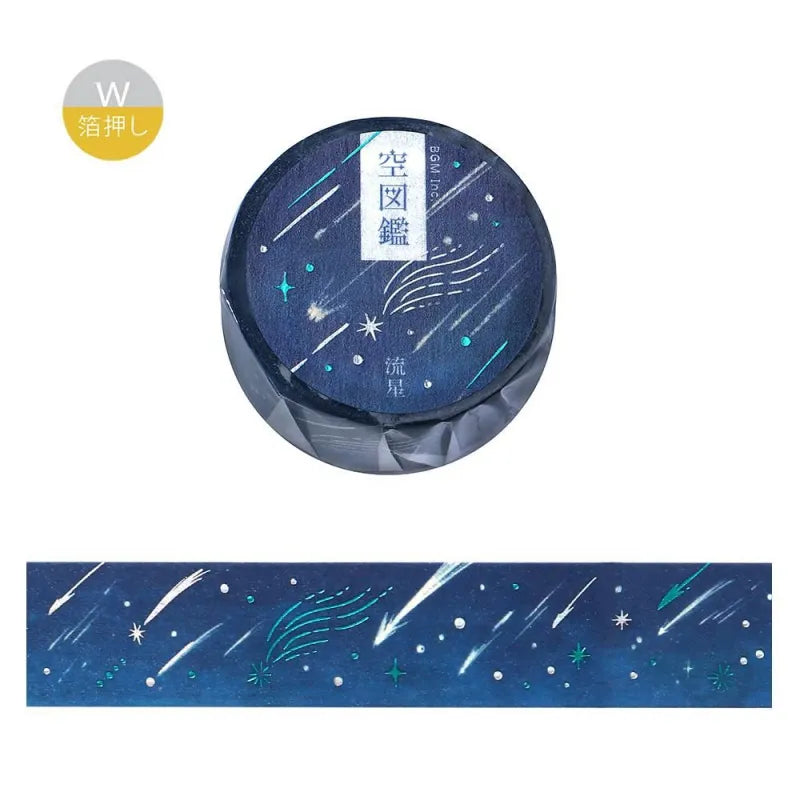 BGM Foil Stamping Masking Tape – Sky Encyclopedia: Meteor design with deep night sky hues, shooting stars, and celestial accents on a 20mm washi tape roll.
