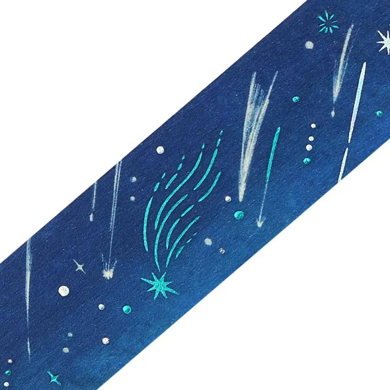 BGM Foil Stamping Masking Tape – Sky Encyclopedia: Meteor design with deep night sky hues, shooting stars, and celestial accents on a 20mm washi tape roll.