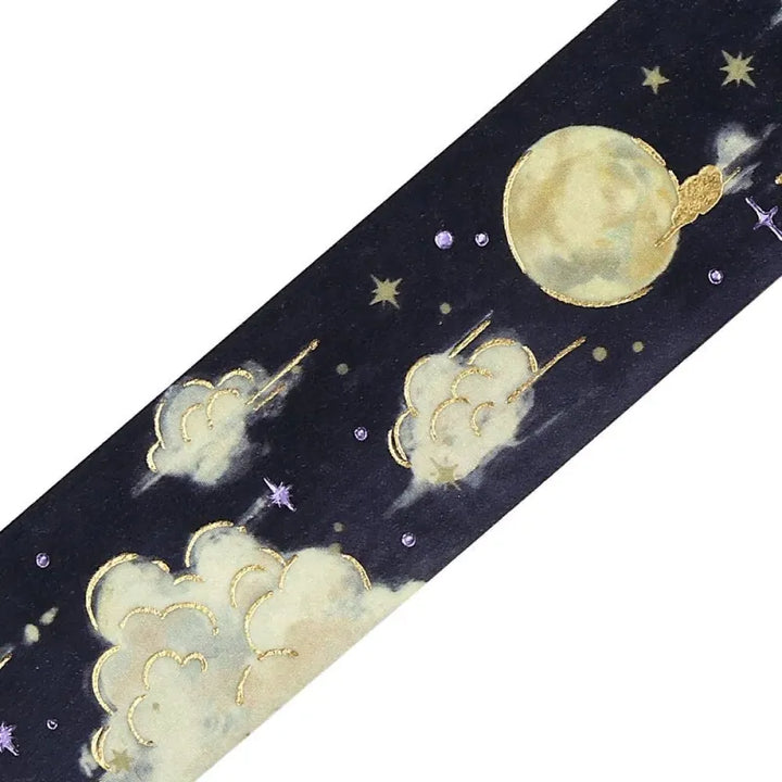 BGM Foil Stamping Masking Tape – Sky Encyclopedia: Moonlit Night design with gold foil full moon, stars, and dreamy clouds on a black washi tape background (20mm roll).