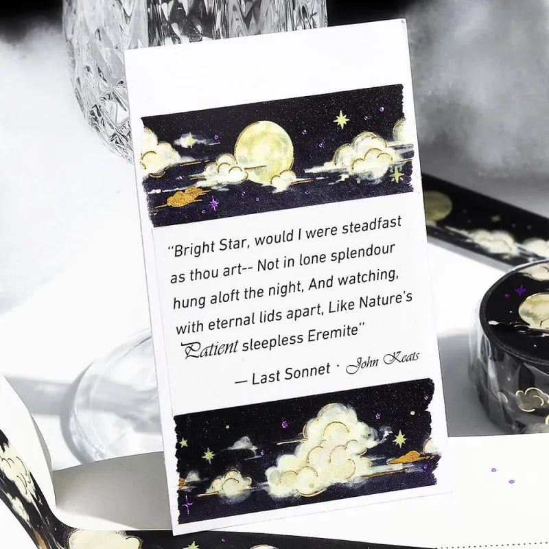 BGM Foil Stamping Masking Tape – Sky Encyclopedia: Moonlit Night design with gold foil full moon, stars, and dreamy clouds on a black washi tape background (20mm roll).