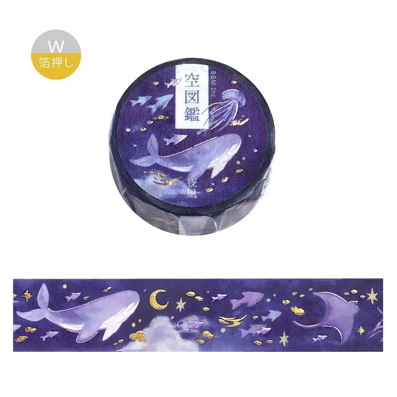 BGM Foil Stamping Masking Tape – Sky Encyclopedia: Night Calm design with whales and jellyfish in a purple starry sky, accented with gold foil moons and celestial motifs on a 20mm washi tape roll.