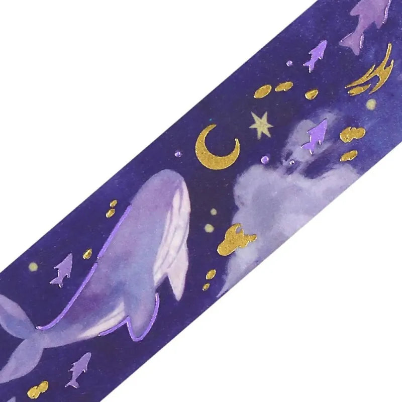 BGM Foil Stamping Masking Tape – Sky Encyclopedia: Night Calm design with whales and jellyfish in a purple starry sky, accented with gold foil moons and celestial motifs on a 20mm washi tape roll.