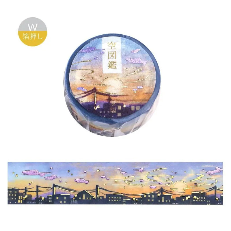 BGM Foil Stamping Masking Tape – Sky Encyclopedia: Sunset design with vivid twilight hues and gold constellation foil accents on a 20mm washi tape roll.