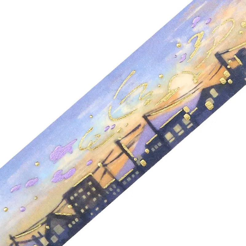 BGM Foil Stamping Masking Tape – Sky Encyclopedia: Sunset design with vivid twilight hues and gold constellation foil accents on a 20mm washi tape roll.