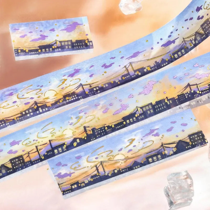 BGM Foil Stamping Masking Tape – Sky Encyclopedia: Sunset design with vivid twilight hues and gold constellation foil accents on a 20mm washi tape roll.