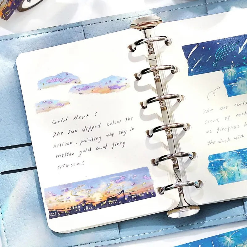 BGM Foil Stamping Masking Tape – Sky Encyclopedia: Sunset design with vivid twilight hues and gold constellation foil accents on a 20mm washi tape roll.