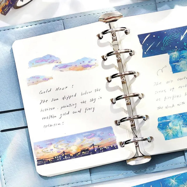 BGM Foil Stamping Masking Tape – Sky Encyclopedia: Sunset design with vivid twilight hues and gold constellation foil accents on a 20mm washi tape roll.