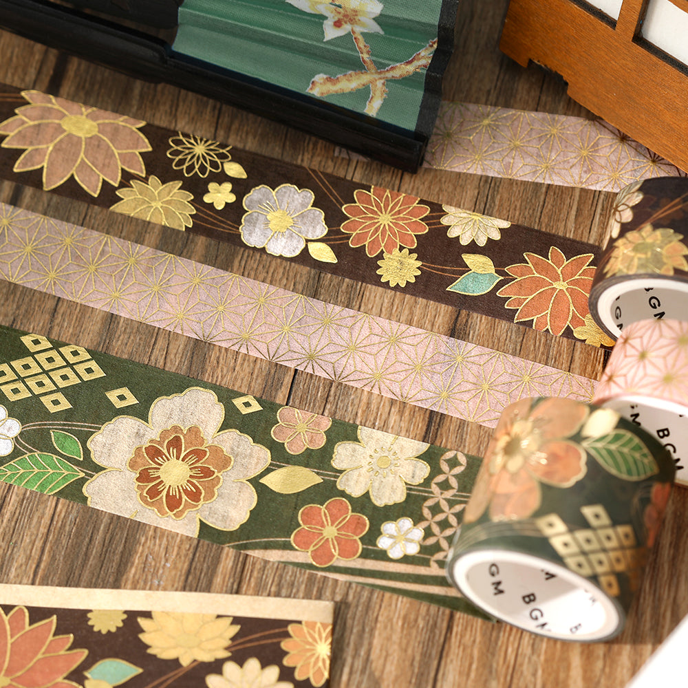 BGM Foil Stamping Masking Tape: The Color of Kimono - Deep Green – Japanese washi tape set featuring elegant deep green tones inspired by traditional kimono fabrics.