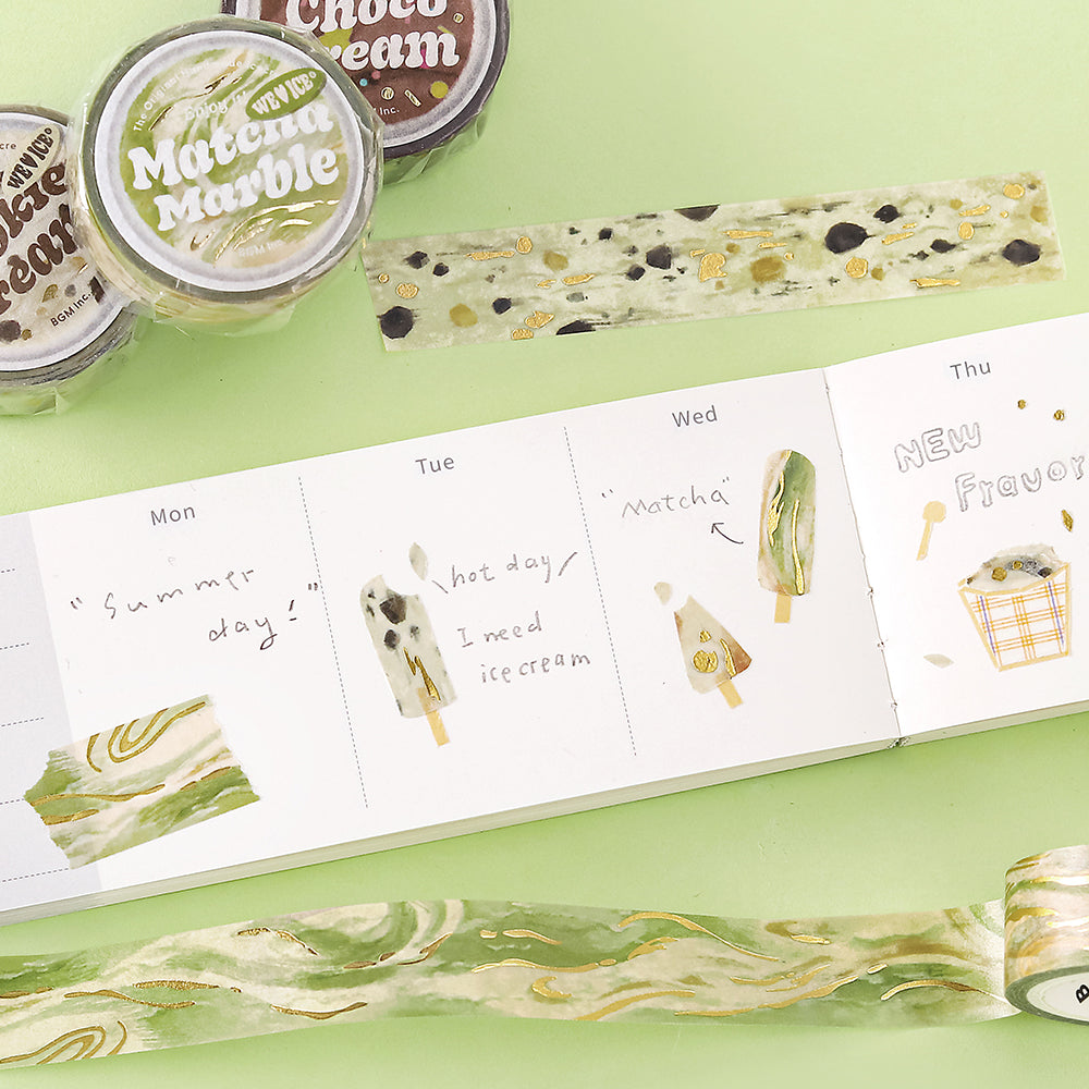 BGM Foil Stamping Masking Tape: We Love ICE: Matcha Marble — roll side