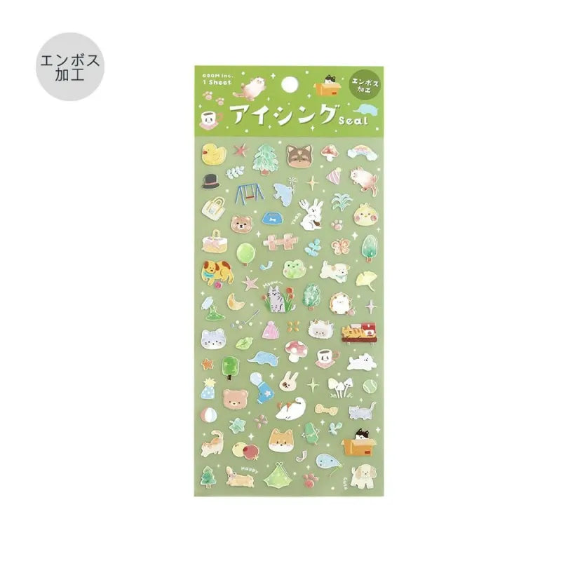 BGM Seat Seal – Animal Meets featuring one PET sticker sheet with cute animals like bears, cats, and rabbits interacting with teacups, books, and snacks. Stickers have a glossy embossed texture and playful pastel tones.