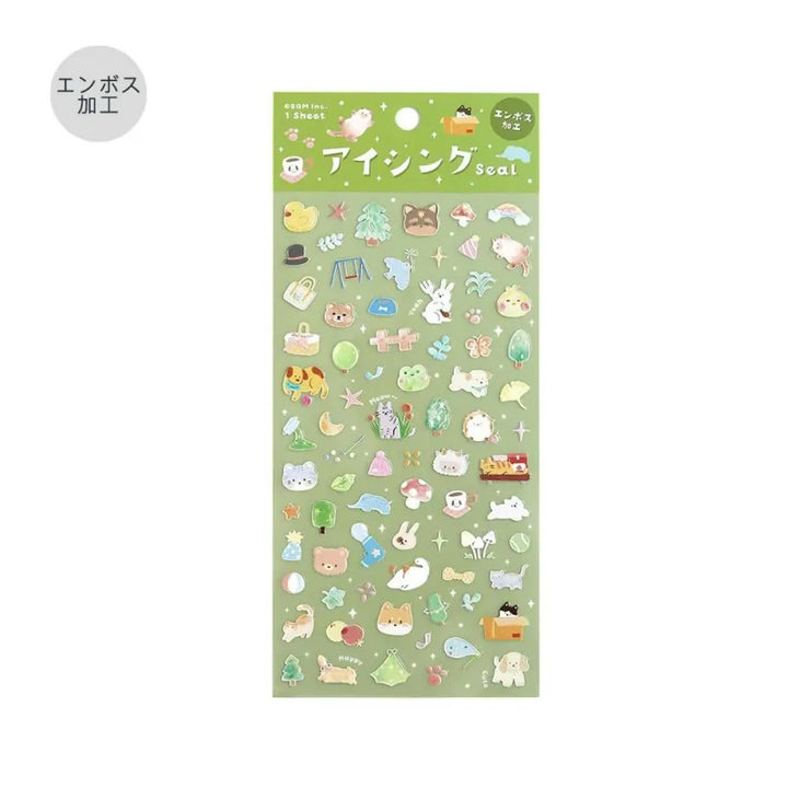 BGM Seat Seal – Animal Meets featuring one PET sticker sheet with cute animals like bears, cats, and rabbits interacting with teacups, books, and snacks. Stickers have a glossy embossed texture and playful pastel tones.