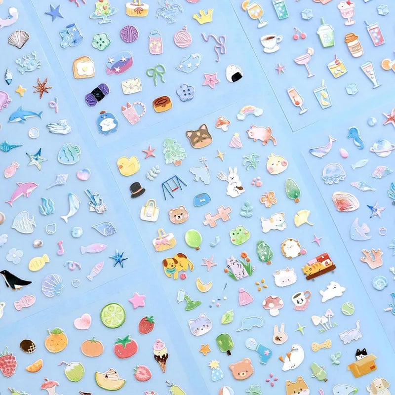 BGM Seat Seal – Animal Meets featuring one PET sticker sheet with cute animals like bears, cats, and rabbits interacting with teacups, books, and snacks. Stickers have a glossy embossed texture and playful pastel tones.