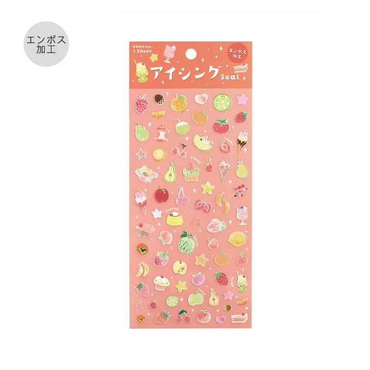 BGM Seat Seal – Colorful Fruits featuring a single PET sticker sheet with cute, round fruit designs including strawberries, oranges, cherries, and lemons in vibrant colors.