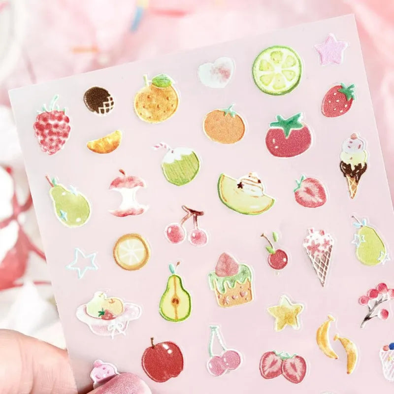 BGM Seat Seal – Colorful Fruits featuring a single PET sticker sheet with cute, round fruit designs including strawberries, oranges, cherries, and lemons in vibrant colors.