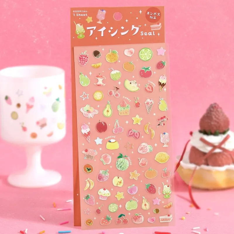 BGM Seat Seal – Colorful Fruits featuring a single PET sticker sheet with cute, round fruit designs including strawberries, oranges, cherries, and lemons in vibrant colors.