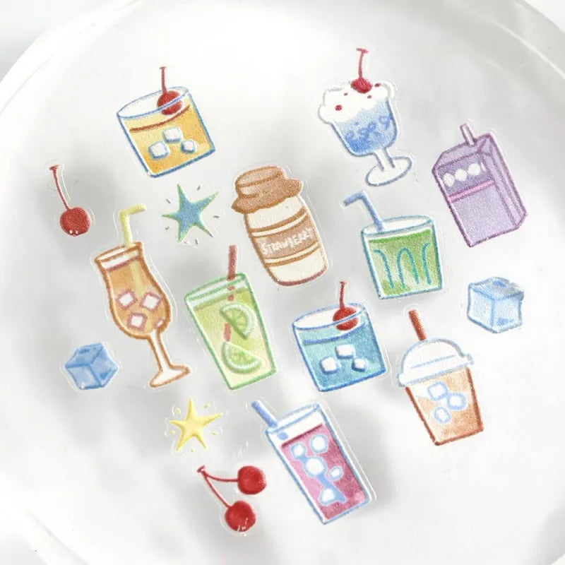 BGM Seat Seal – Fluffy Drinks with a single PET sticker sheet featuring cute illustrations of pastel whipped beverages, cream sodas, and bubbly drinks in soft colors.