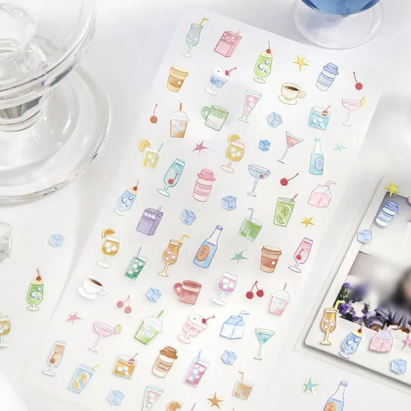BGM Seat Seal – Fluffy Drinks with a single PET sticker sheet featuring cute illustrations of pastel whipped beverages, cream sodas, and bubbly drinks in soft colors.