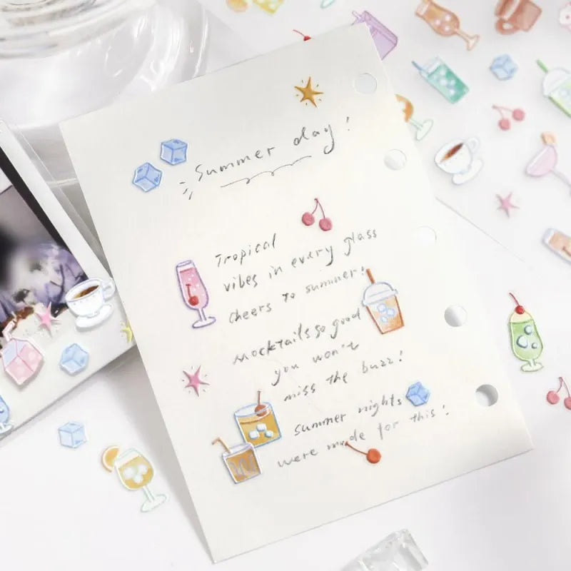 BGM Seat Seal – Fluffy Drinks with a single PET sticker sheet featuring cute illustrations of pastel whipped beverages, cream sodas, and bubbly drinks in soft colors.