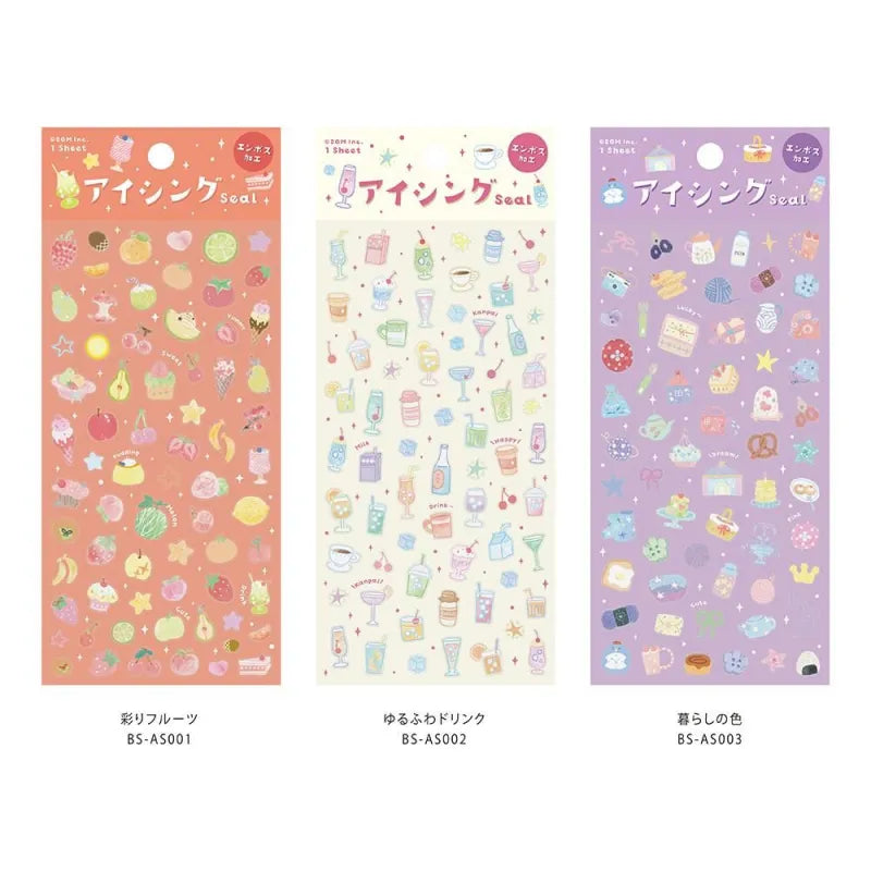 Variety of BGM Seat Seal designs, including Colorful Fruits, Soft and Fluffy Drinks, Colors of Life, Sea and Cosmos, Animal Meets, and Bloom. Each sheet features unique PET stickers with playful, textured illustrations for journaling and decorative use.