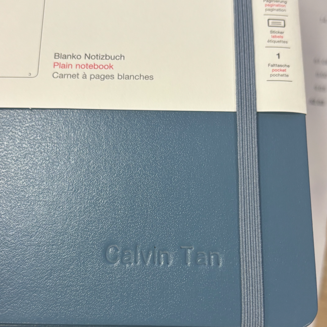 Custom Notebook Embossing – Personalised Name Blind Embossing on Leuchtturm1917 A5 Medium Hardcover Notebook Plain in Stone Blue at Cityluxe WorkRoom
