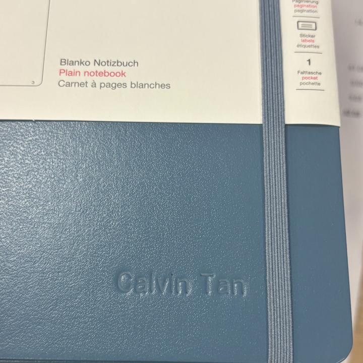 Custom Notebook Embossing – Personalised Name Blind Embossing on Leuchtturm1917 A5 Medium Hardcover Notebook Plain in Stone Blue at Cityluxe WorkRoom