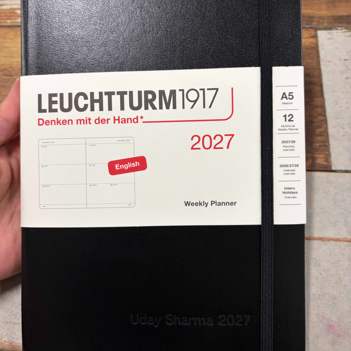 Custom Notebook Embossing – Personalised Name Blind Embossing on Leuchtturm1917 A5 Medium Weekly Planner 2027 in Black at Cityluxe WorkRoom