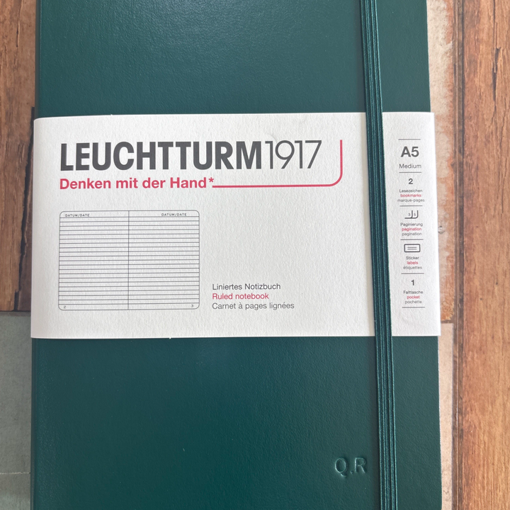Custom Notebook Embossing – Personalised Name Blind Embossing on Leuchtturm1917 Natural Colours A5 Medium Hardcover Notebook in Forest Green Ruled at Cityluxe WorkRoom