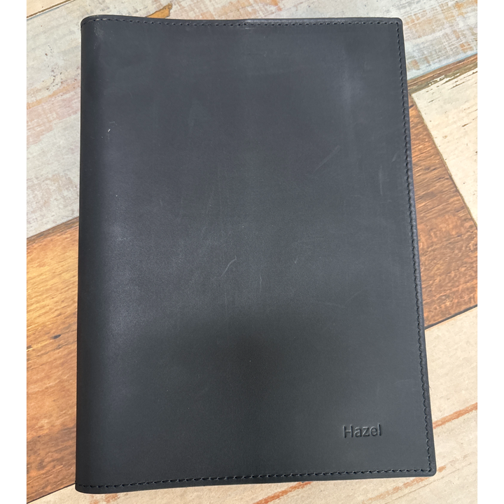 Custom Notebook Embossing – Personalised Name Blind Embossing on Luxo Notebook Leather Cover A5 in Black at Cityluxe WorkRoom