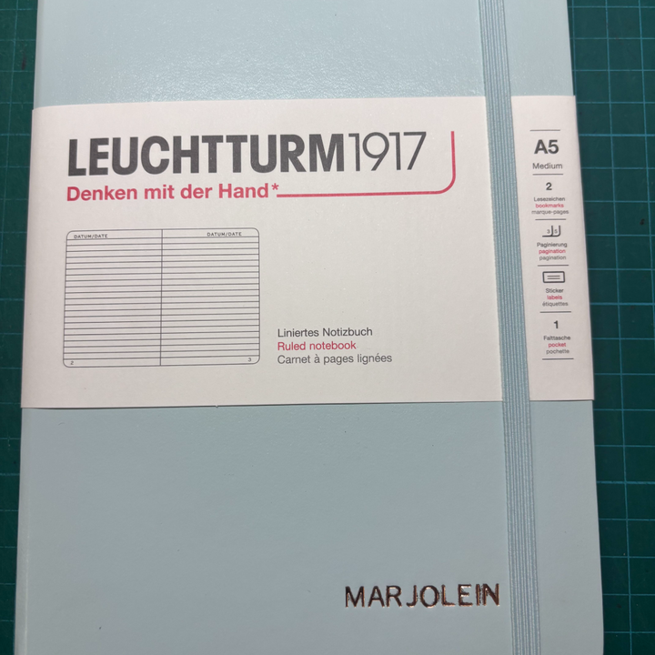 Custom Notebook Embossing – Personalised Name Copper Embossing on Leuchtturm1917 Natural Colours A5 Medium Hardcover Notebook in Mint Green Ruled at Cityluxe WorkRoom