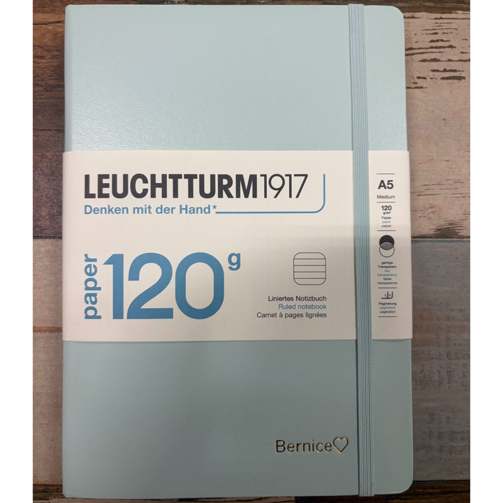 Custom Notebook Embossing – Personalised Name Gold Embossing on Leuchtturm1917 120G Edition A5 Medium Hardcover Notebook Ruled in Mint Green at Cityluxe WorkRoom