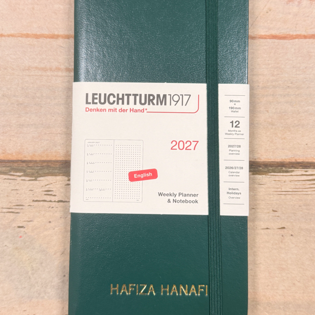 Custom Notebook Embossing – Personalised Name Gold Embossing on Leuchtturm1917 B6+ x A6 Wallet Weekly Planner &amp; Notebook 2027 - Forest Green at Cityluxe WorkRoom