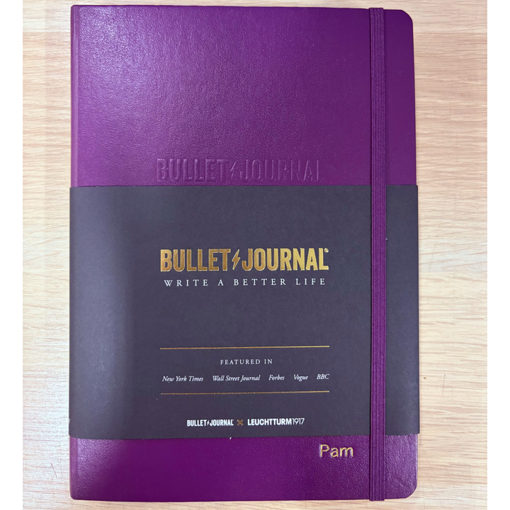 Custom Notebook Embossing – Personalised Name Gold Embossing on Leuchtturm1917 Bullet Journal Edition 2 A5 Medium Hardcover Notebook Dotted in Purple26 at Cityluxe WorkRoom