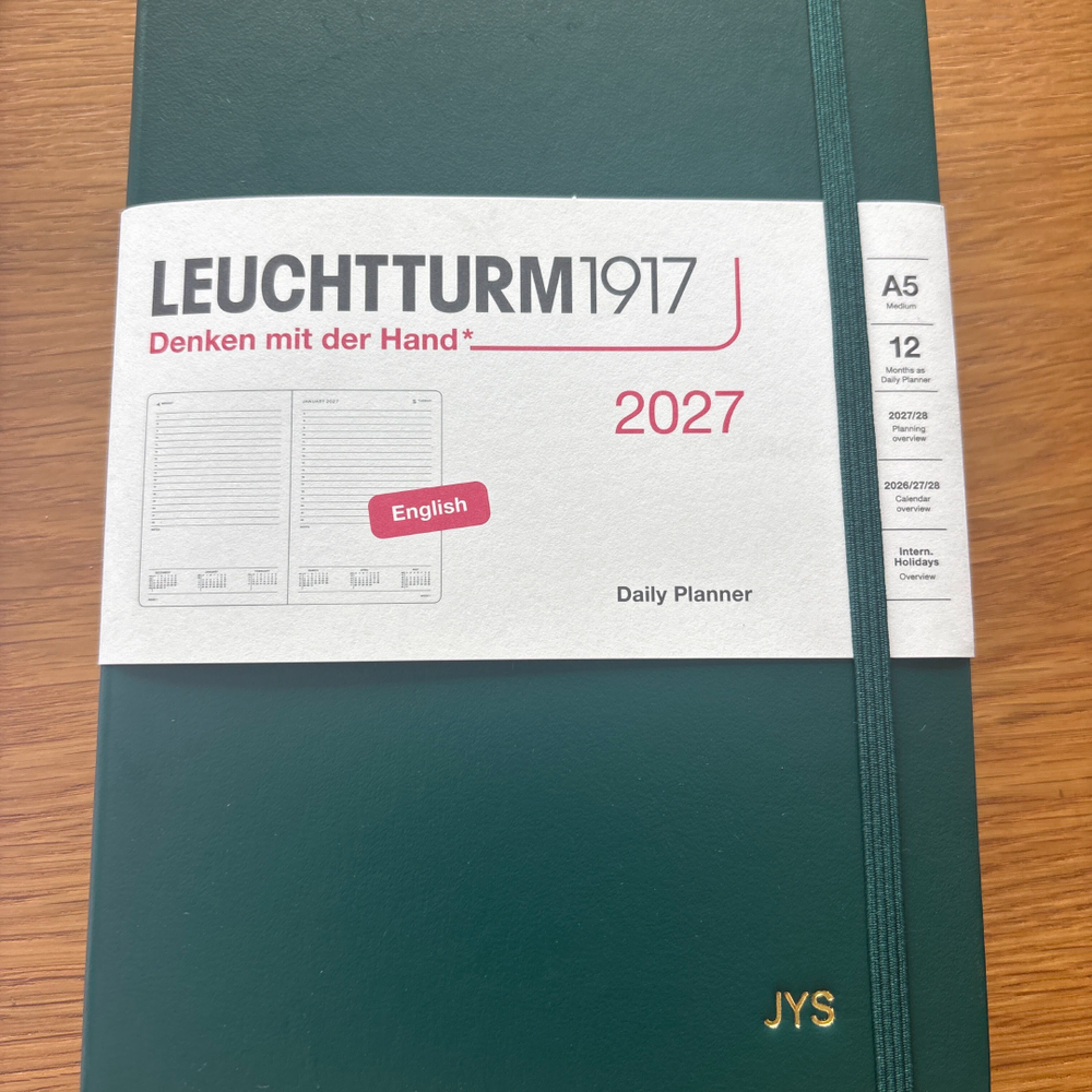 Custom Notebook Embossing – Personalised Name Gold Foil Embossing on Leuchtturm1917 A5 Medium Daily Planner 2027 - Forest Green at Cityluxe WorkRoom