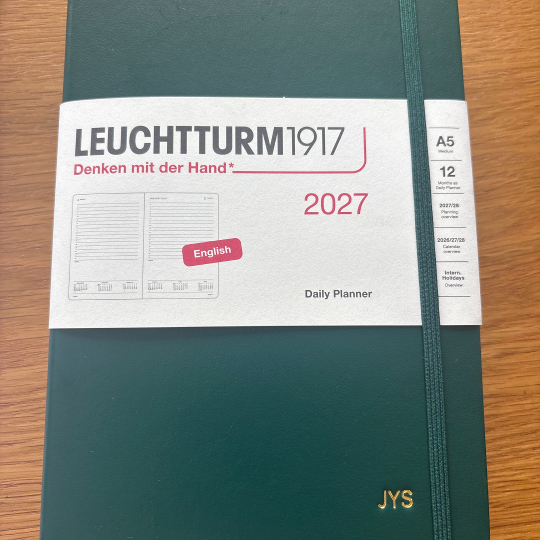 Custom Notebook Embossing – Personalised Name Gold Foil Embossing on Leuchtturm1917 A5 Medium Daily Planner 2027 - Forest Green at Cityluxe WorkRoom