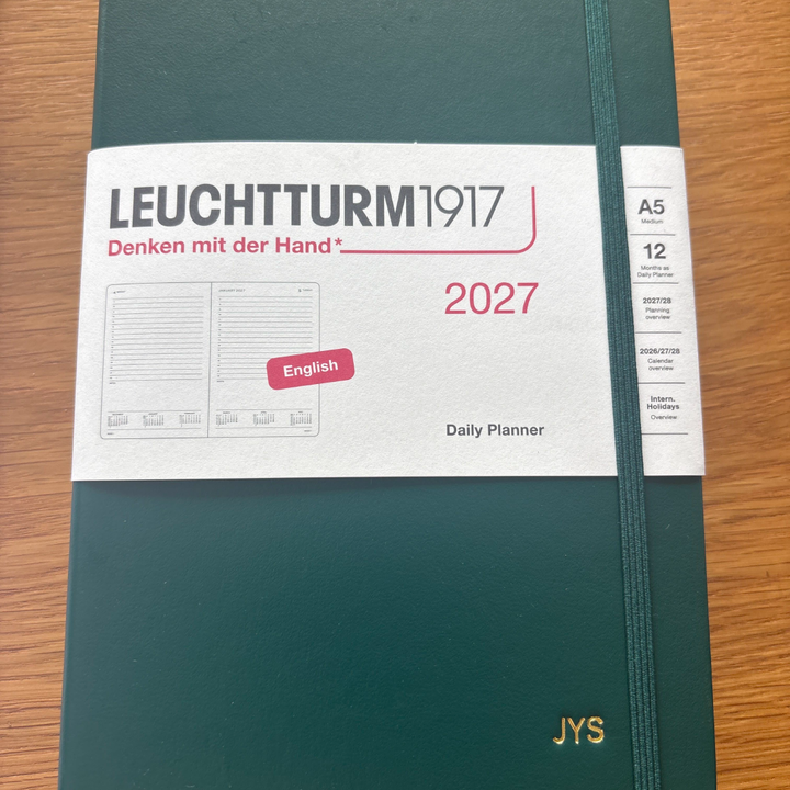 Custom Notebook Embossing – Personalised Name Gold Foil Embossing on Leuchtturm1917 A5 Medium Daily Planner 2027 - Forest Green at Cityluxe WorkRoom