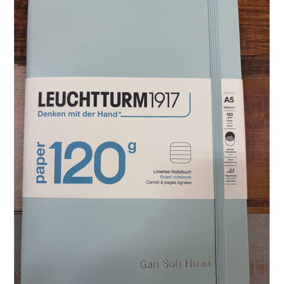 Custom Notebook Embossing – Personalised Name Silver Embossing on Leuchtturm1917 120G Edition A5 Medium Hardcover Notebook in Ruled Mint Green at Cityluxe WorkRoom