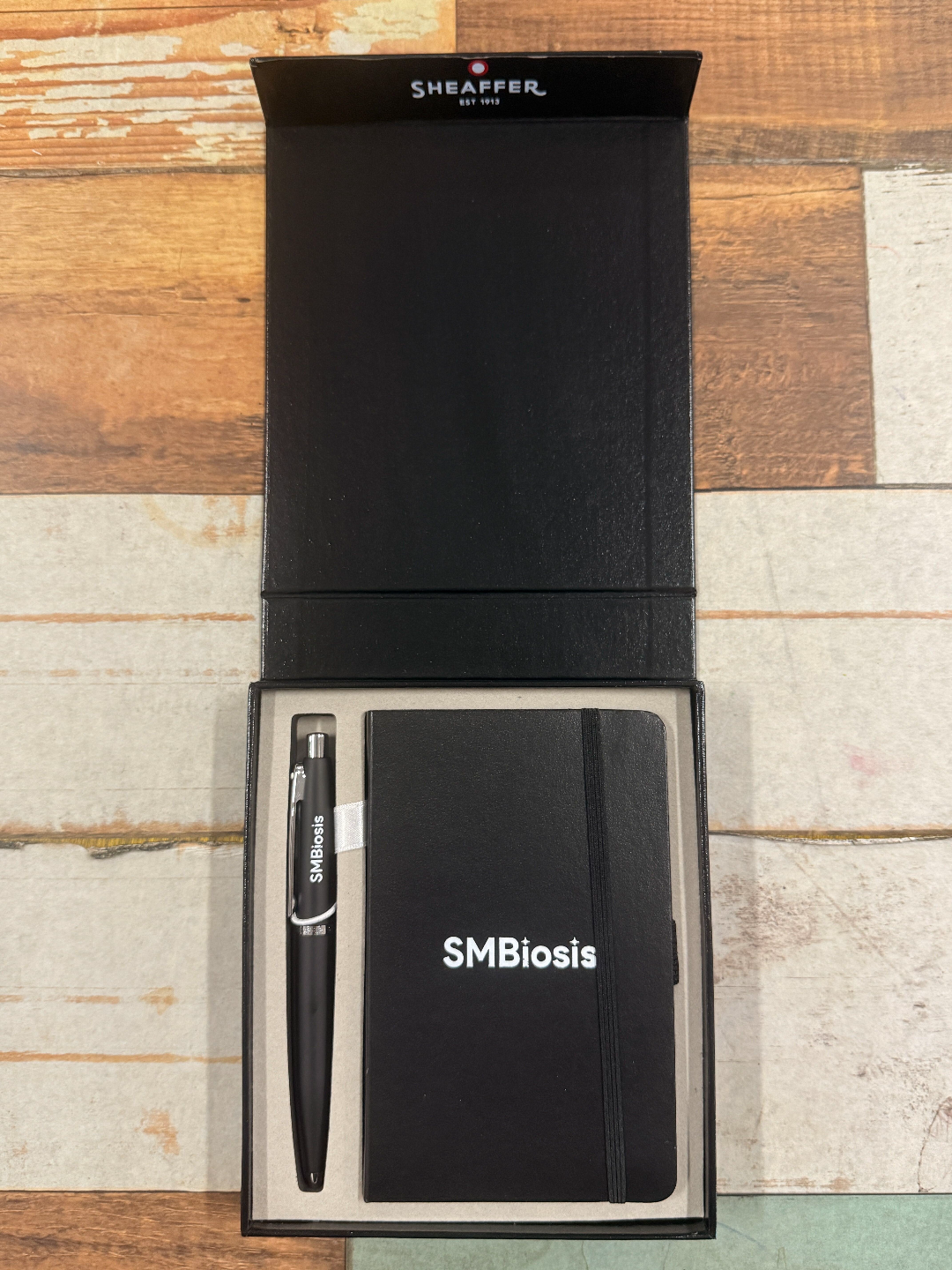 Custom Pen Engraving – Personalised Corporate Name Engraving on Sheaffer VFM E9405 Matte Black CT Ballpoint Pen with A6 Notebook Gift Set at Cityluxe WorkRoom