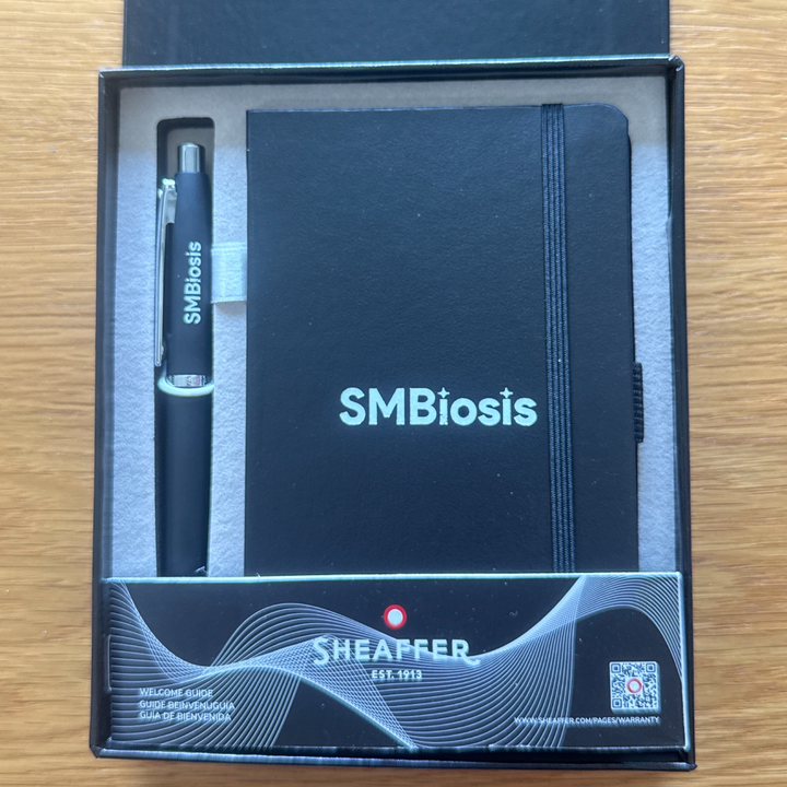 Custom Pen Engraving – Personalised Corporate Name Engraving on Sheaffer VFM E9405 Matte Black CT Ballpoint Pen with A6 Notebook Gift Set at Cityluxe WorkRoom