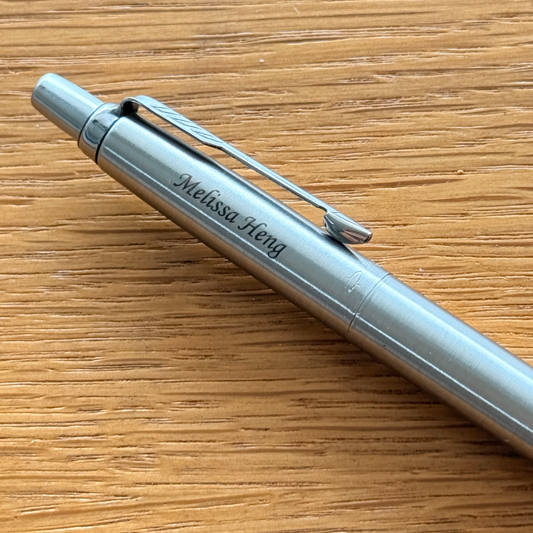 Custom Pen Engraving – Personalised Name and Logo Engraving on Parker Jotter Stainless Steel CT Ballpoint Pen at Cityluxe WorkRoom