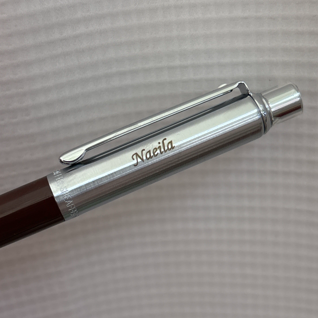 Custom Pen Engraving – Personalised Name Engraving on (DC) Sheaffer Sentinel Brown and Chrome Ballpoint Pen With Chrome Trims at Cityluxe WorkRoom